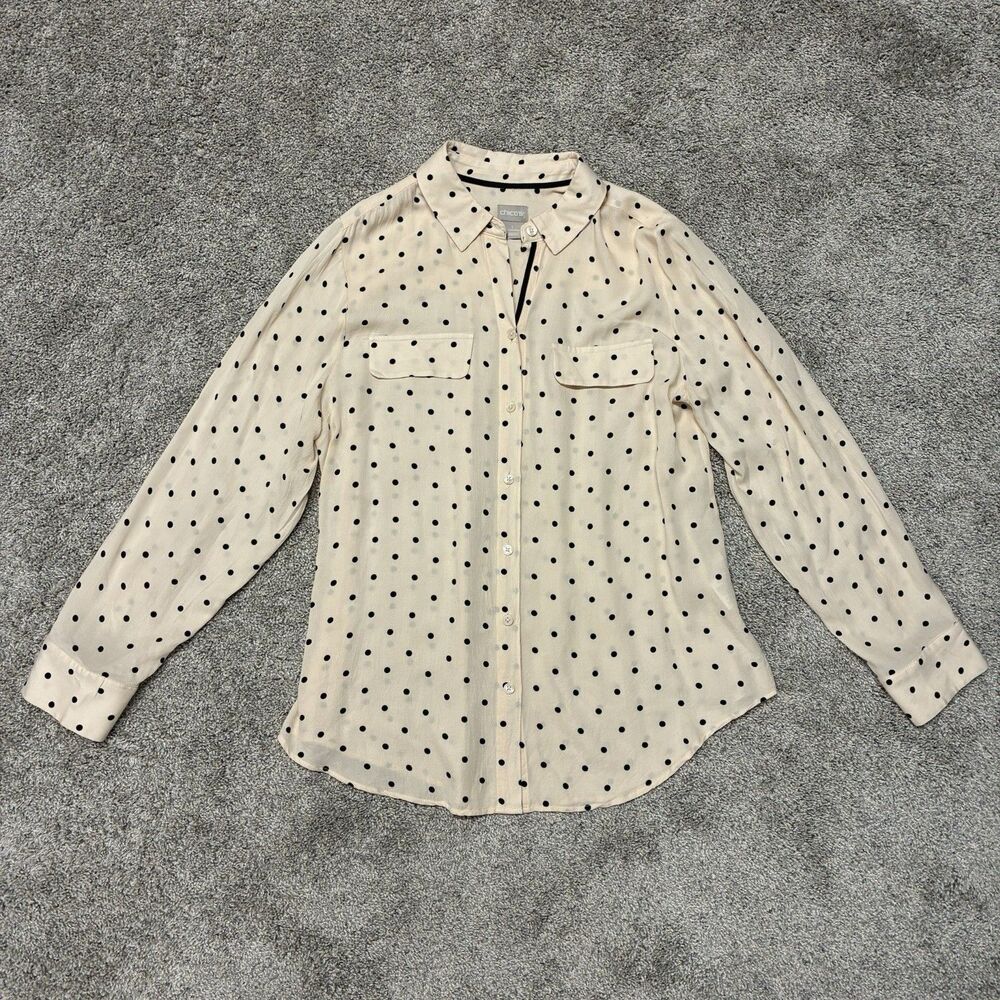 Chico’s Button Up Shirt Size 1 (US 8/10) Cream Black Polka Dot Long Slv Pockets